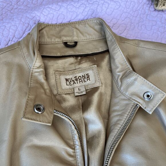Wilson's Leather Beige Moto Jacket Genuine Leather Satin Lining, Size L - Picture 6 of 7